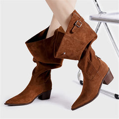 Aiertu  -  Designer Pointed Toe Western Cowboy Boots Women Chunky Heel Retro Belt Buckle Knight Boots Fashion Mujer Luxury Long Botas New Aiertu