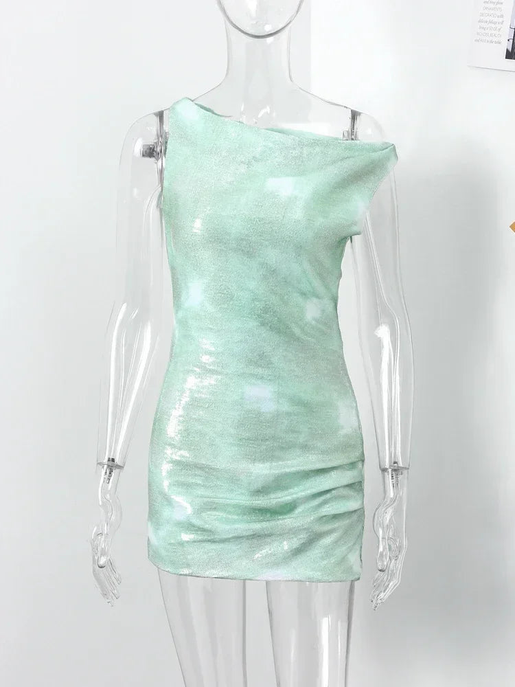 Aiertu  -  Sexy Sequined One Shoulder Mini Dress Women Slim Sleeveless Slash Neck Zipper Shinny Party Dresses 2026 Summer Lady Evening Robe Aiertu