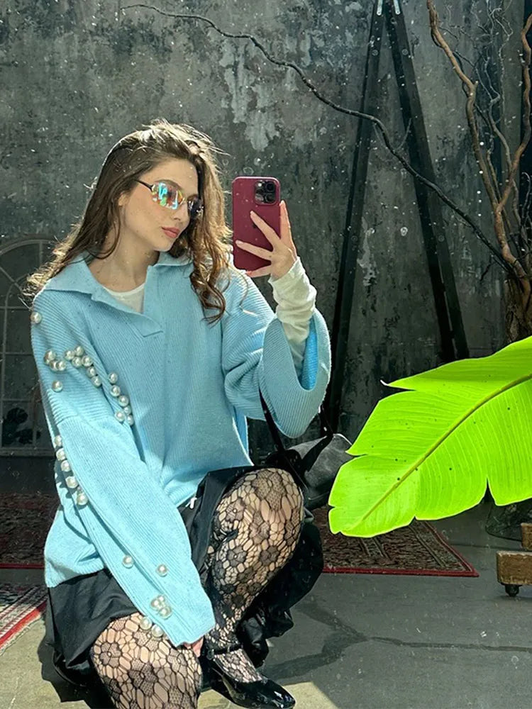 Aiertu  -  Chic Blue Pearls Decor Lapel V Neck Knitted Pullover Women Elegant Flare Long Sleeve Casual Sweater 2026 Lady New Loose Knitwear Aiertu