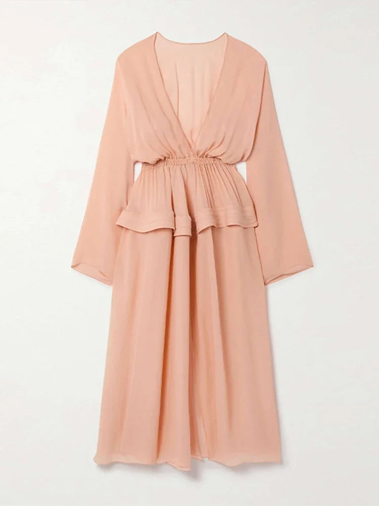 Aiertu  -  Elegant Ruffles Patchwork Pleated Long Dress Women V-neck A-line Long Sleeve Puffy Dresses 2025 Summer Street Vacation Lady Robe Aiertu