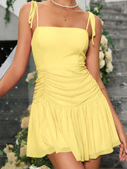 Aiertu  -  Summer Sleeveless Lace-up Backless Dress Women Elegant Pleat Mini Vestidos Casual Party Beachwear Yellow Ruffled Sling Chic Aiertu