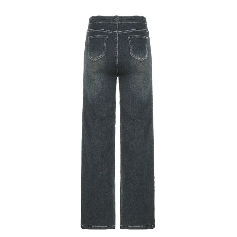 Aiertu  -  American Retro Baggy Jeans Women Fall High Street Casual Denim Pants Y2K Fashion Mid-rise Straight Trousers Outfits Aiertu