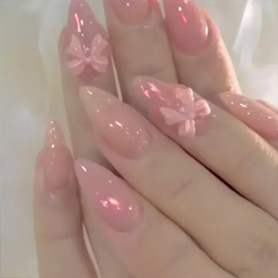 Aiertu 24Pcs Pink Almond French Press on Nails With 3D Bow ripple charms Design Fake Nails Ballerina False Nails Full Cover Nail Tips Aiertu