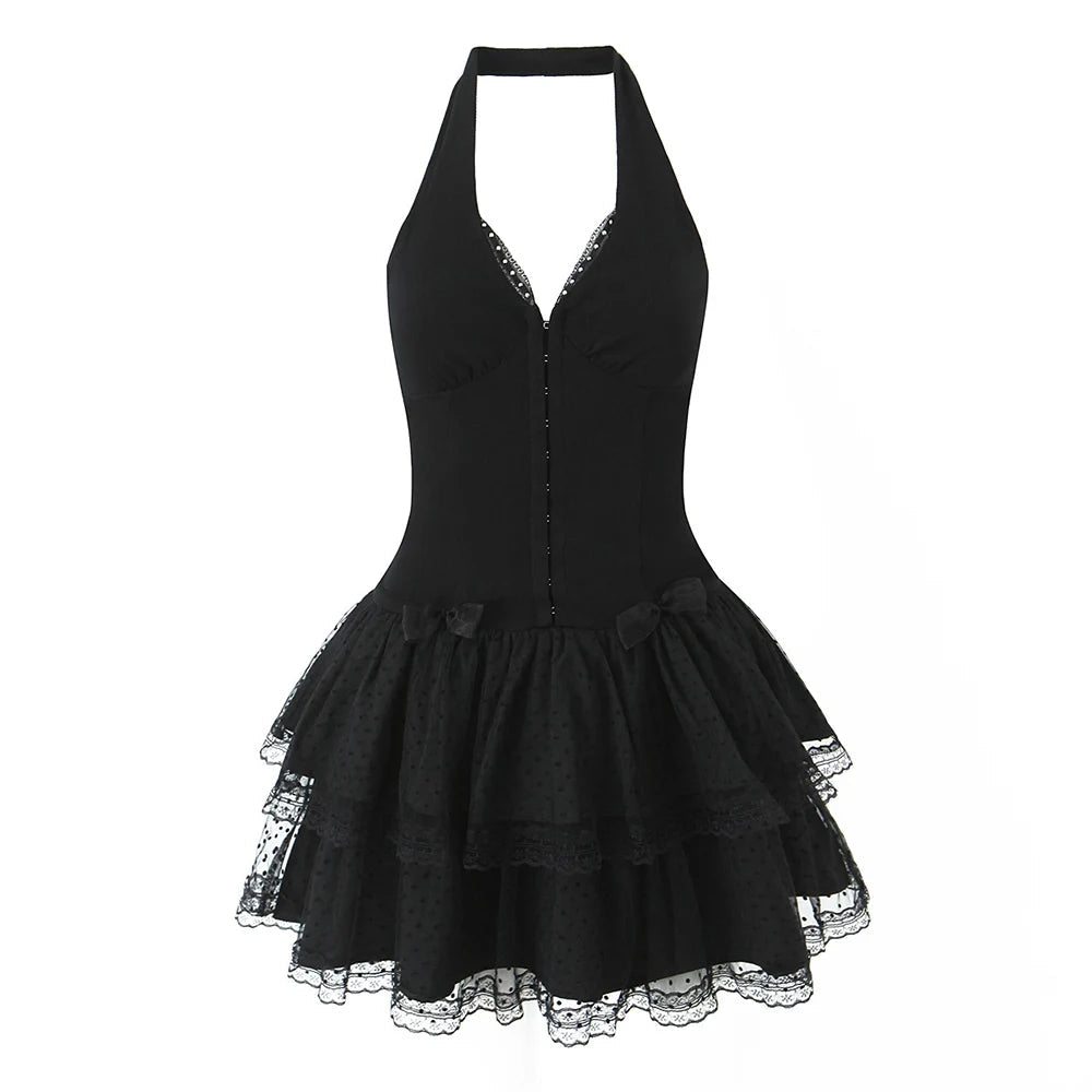 Aiertu  -  Solid Spliced Bowknot Mini Dress for Women Deep V Neck Sleeveless High Waist Temperament Dress Female Aiertu