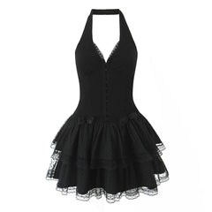 Aiertu  -  Solid Spliced Bowknot Mini Dress for Women Deep V Neck Sleeveless High Waist Temperament Dress Female Aiertu