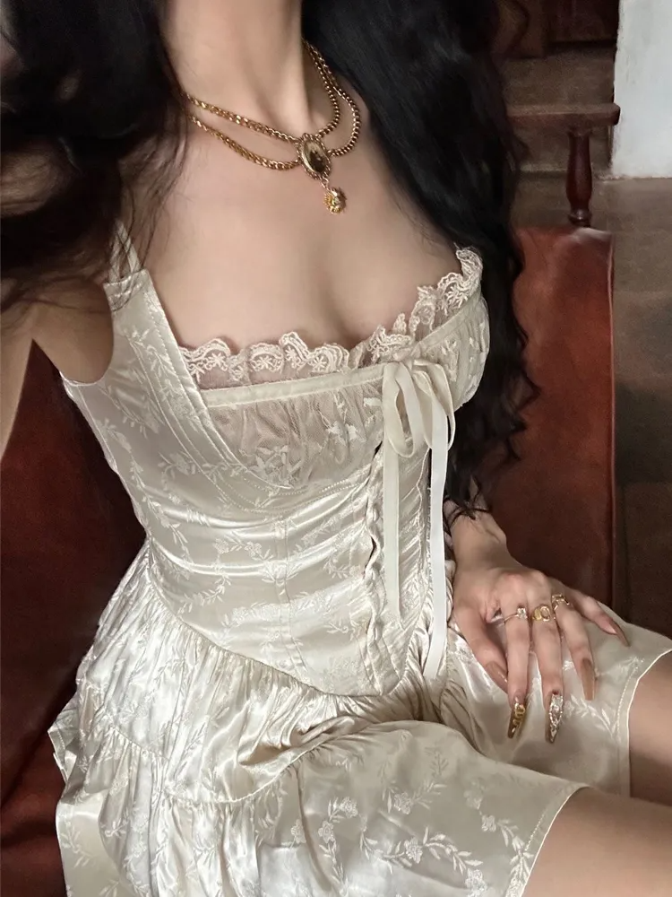 Aiertu - Sexy Solid White Stitching Lace Bra Corset style Spaghetti Strap Mini Dress Women Backless Party Skater Short Sling Robe Aiertu