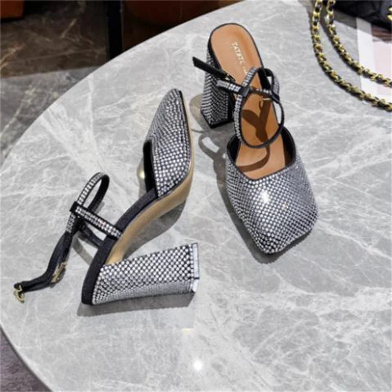 Aiertu  -  Rhinestone Shoes for Womens Square Toes Chunky High Heels Buckle Ladies Patent Leather Solid Tacones Ankle Strap Chassure Femme Aiertu