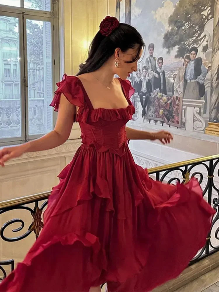 Aiertu  -  New Red Layered Ruffles High Waist Maxi Dress Women Elegant Square Neck Sleeveless Back Hollow Robes 2026 Chic Lady Party Gowns Aiertu