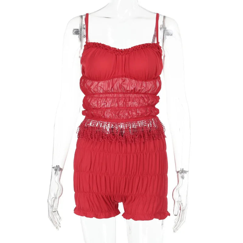 Aiertu  -  2 Piece Sets Woman Outfit Sexy Fringed Ruched Mesh Top and Shorts Solid Matching Sets Summer Wear 2025 P66-FZ18 Aiertu