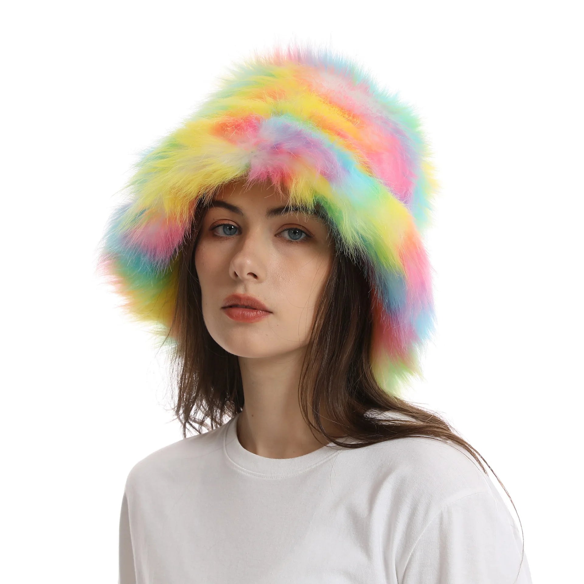 Aiertu  -  Autumn Winter Women Keep Warm Rainbow Faux Fox Fur Basin Cap Female Fashion Casual Party Bucket hat Music Festival Thickened Hat Aiertu