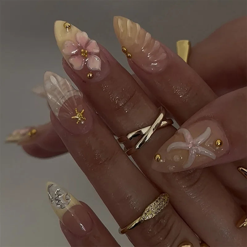 Aiertu  -  24PCS Summer Colorful Almond False Nail with 3D Flower Beach Paintings Press on Fake Nail Full Cover Wearable Manicure for Women Aiertu