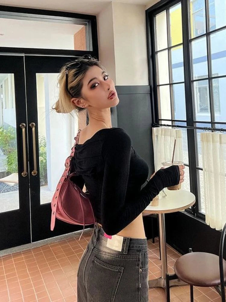 Aiertu  -  Sexy Bodycon Long Sleeve Tee Off Shoulder Cropped Top Slim Folds High Street Aesthetic Irregular Fashion Women Tshirt Aiertu