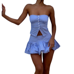 Aiertu  -  Women 2-Piece Outfits Strapless Striped Print Button Bandeau and Mini Bubble Skirt Set for Streetwear Aesthetic Clothes Aiertu