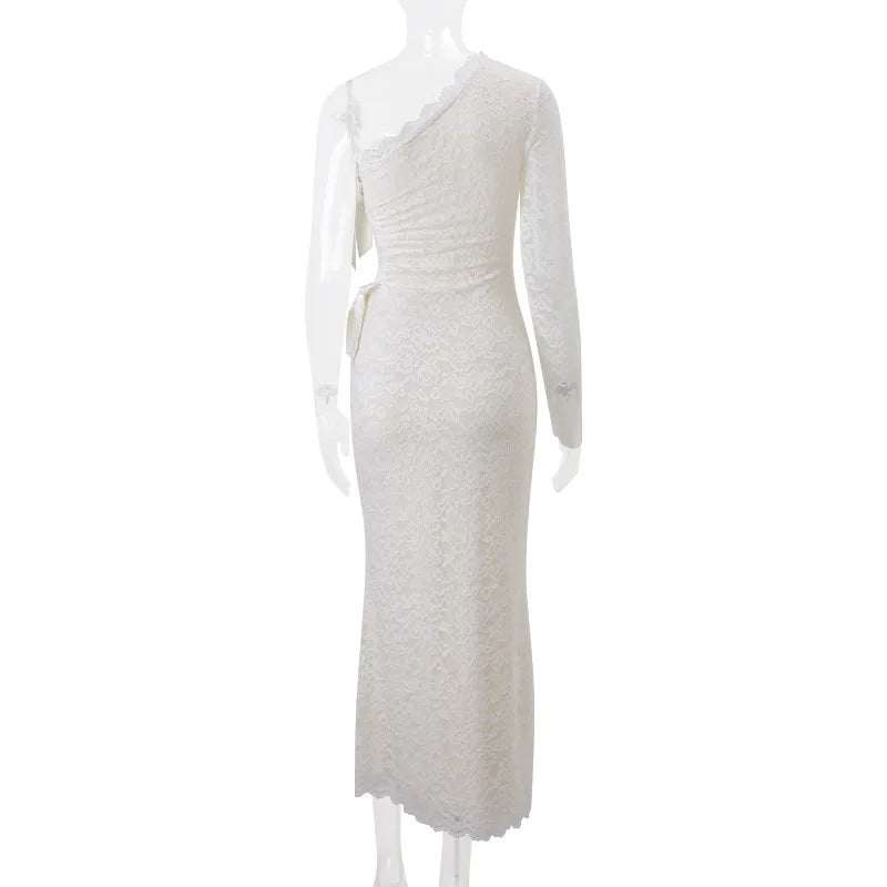 Aiertu  -  Elegant Single Shoulder Sleeve Lace Hollow Body Long Dress Women's New Sexy Lace Butterfly Party Club Vacation Beachwear Aiertu