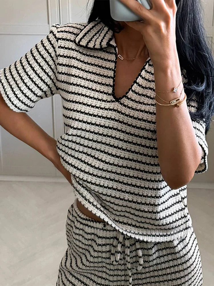 Aiertu  -  Striped Knitted Pullover Pants Sets Women Polo Collar Short Sleeve Tops Straight Trousers Suits Commute Summer 2026 Loose Outfit Aiertu
