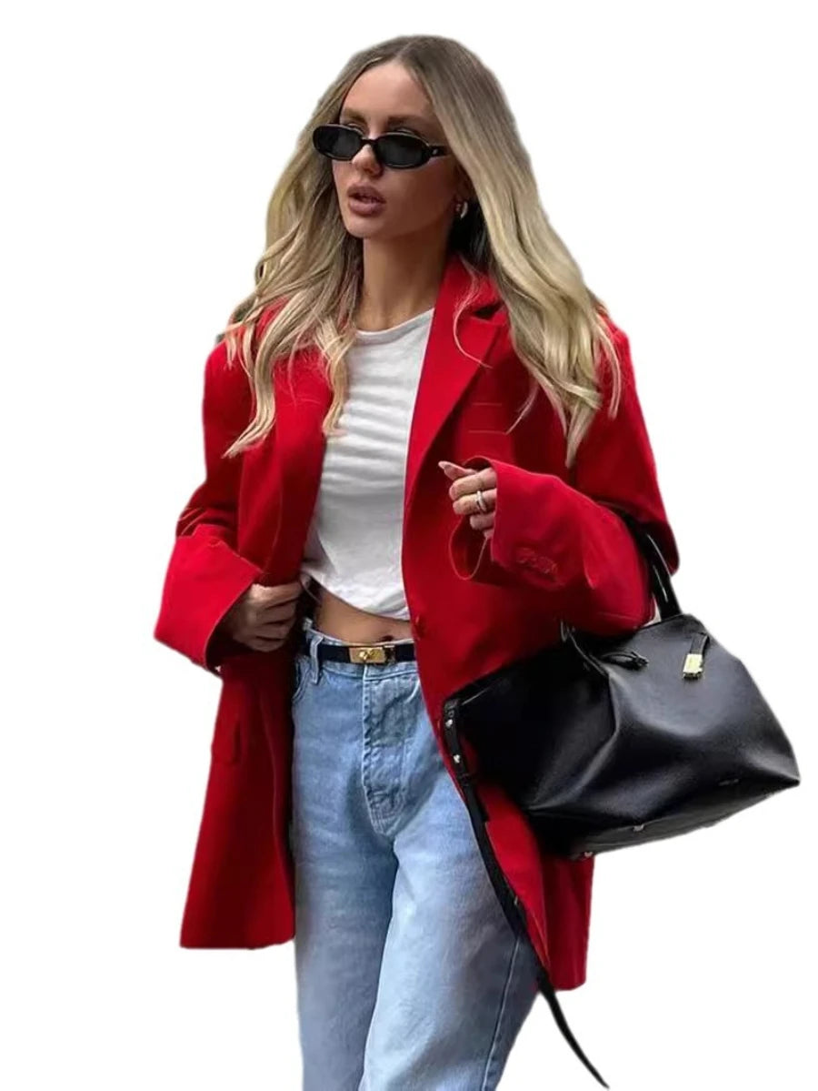 Aiertu  -  Women's Red Suit Temperament Shoulder Pads Loose Coat Collar Pocket Casual Cardigan Fashion Office Ladies Suit Jacket Aiertu
