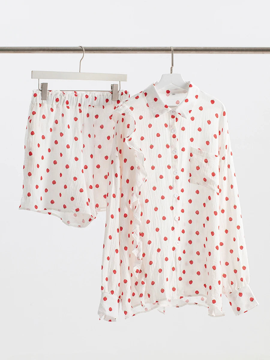 Aiertu  -   2026 New Heart Printed Short Set Women Long Sleeve Pocket Ruffle Cardigan+Short Pants Sets Spring Summer Casual Chic 2 Piece Set Aiertu