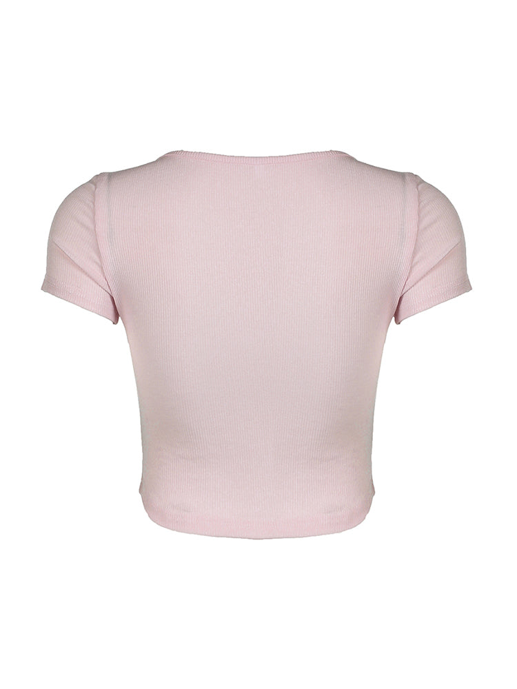 Aiertu - summer inspo Balletcore Sweet Y2K Tie Lace Trim Square Collar Pink T-Shirt Women Short Sleeve 2000s Cute Kawaii Clothes Aiertu