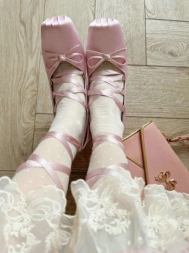 Aiertu  -  Minuet Pink Mary Jane High Heels Lolita Thick Heel Satin Ribbon Ballet Sandals For Women Pumps Aiertu