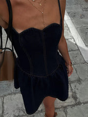 Aiertu  -  Chic Sling Lace Strapless Denim Women's Mini Dress Backless Waist Pleated A-line Dresses 2026 Summer Casual Vacation Ladies Robe Aiertu