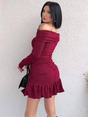 Aiertu  -  Off Shoulder Slim Ruffle Dress Female Bodycon Long Sleeve High Waist Pleated Mini Dresses Elegant Evening Sheath Dress Aiertu