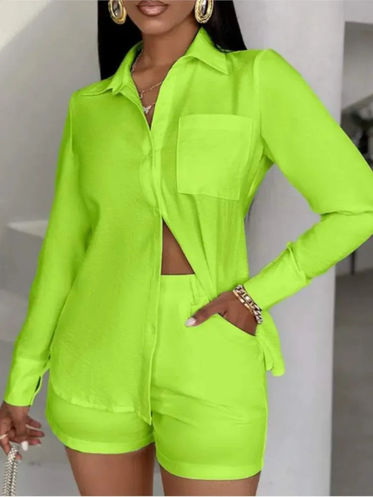 Aiertu Fashion Two Piece Outfits Women's Turn-down Collar Pocket Design Button Shirt Top & Shorts Set New Summer Women Solid 2pcs Sets Aiertu