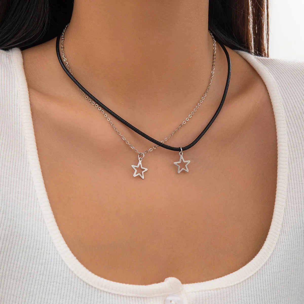 Aiertu Fashion Double Layered Black Bead Star Choker Necklace Punk Pentagram Leather Rope Necklaces For Women Girls Aiertu