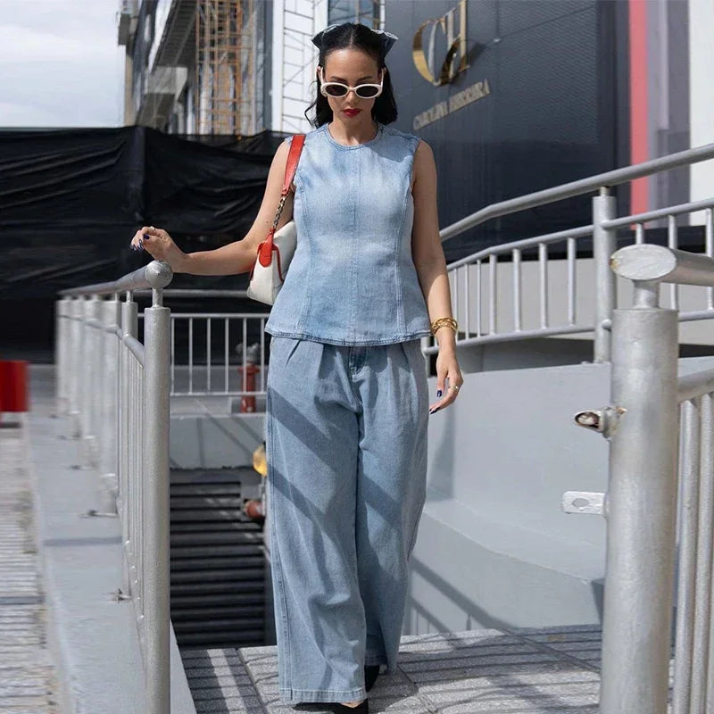 Aiertu  -  Sexy Denim Backless Lace Up Vest Women Slim O-neck Sleeveless Spliced Female Waistcoat Summer Lady Chic Casual Streetwear Aiertu