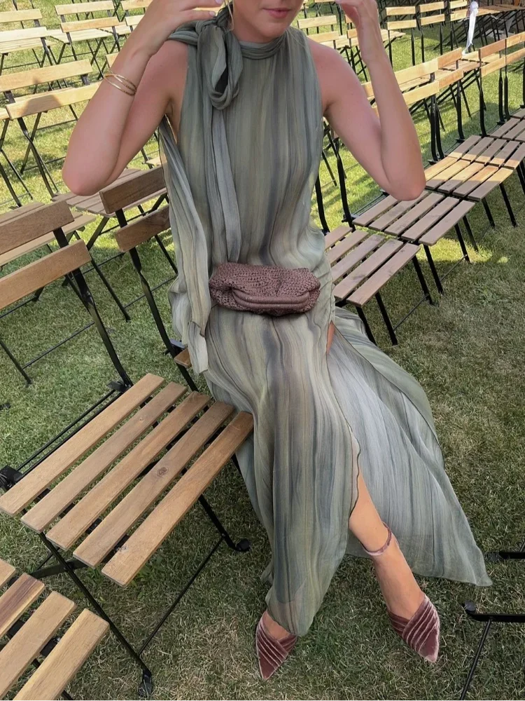 Aiertu  -  Elegant Tie Dyed Lace Up Dress For Women Fashion Side Split Off Shoulder Sleeveless Loose Dresses 2026 New Lady Party Vestido Aiertu
