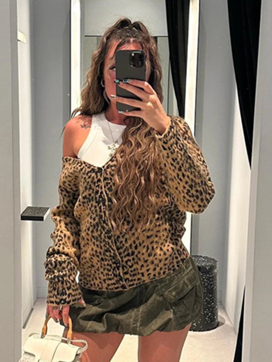 Aiertu  -   Leopard Soft Sweater Cardigan Women V Neck Single Breasted Knitted Outerwear Autumn New Streetwear Vintage Long Sleeve Jumper Aiertu