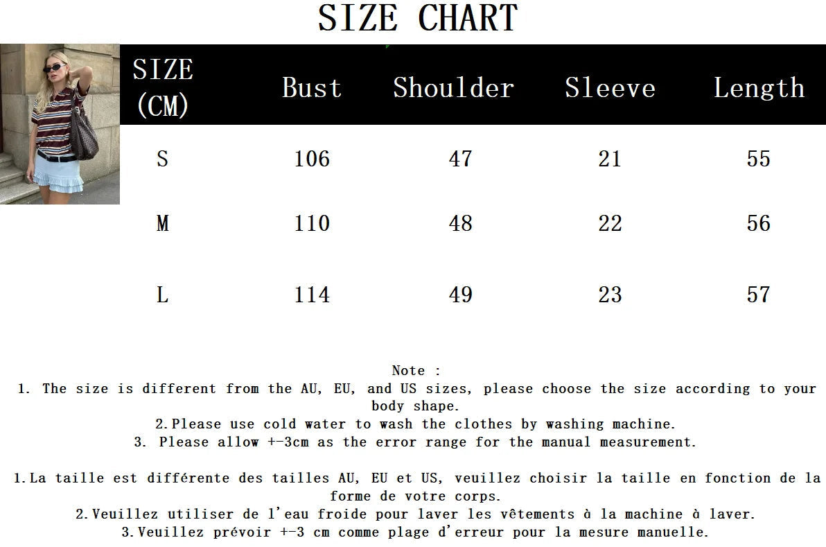 Aiertu  -  Striped Contrast Short Sleeve T-shirt Women Buttons Turndown Collar Tee Shirt Spring New Streetwear Vintage Chic Top Tees 2025 Aiertu