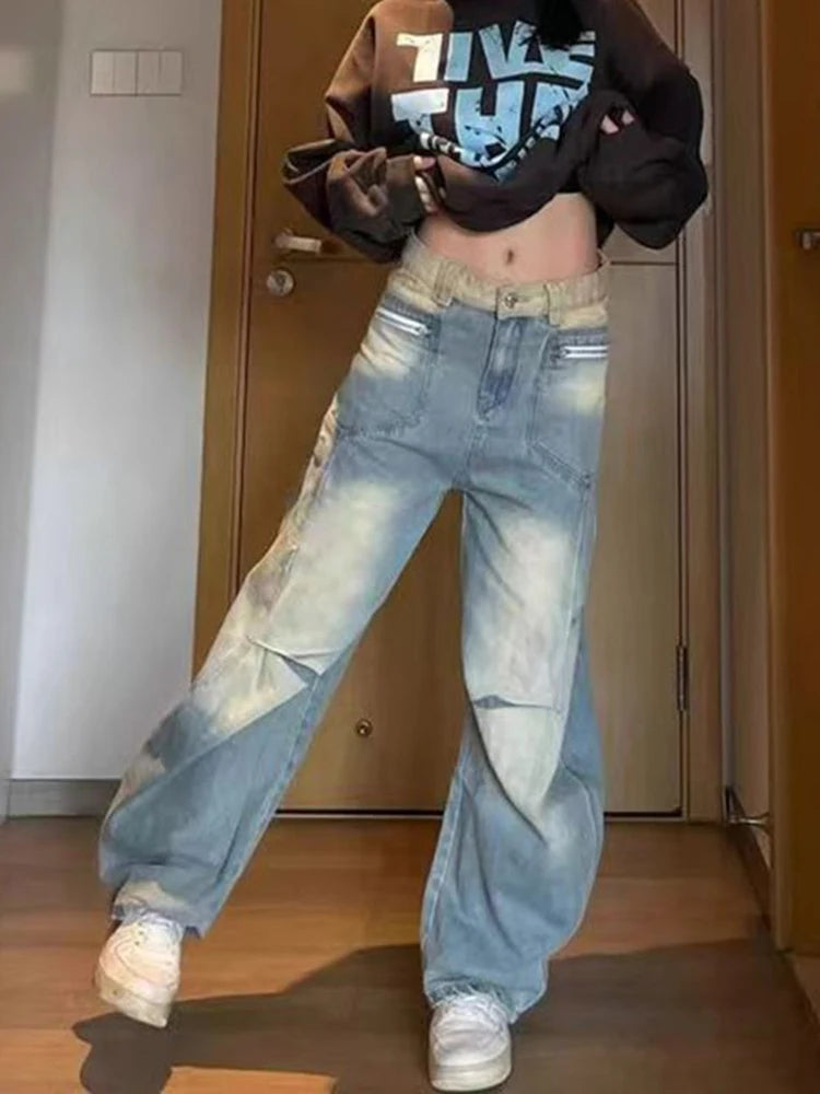 Aiertu  Vintage Women Y2K Jeans High Waist American Streetwear Denim Pants Loose Casual Hip Hop Bf Fall Winter Wide Leg Trousers Aiertu