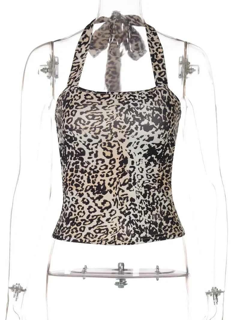 Aiertu  -  Sexy Women Halter Neck Leopard Print Corset 2026 Summer Female Fashion Backless Bandage Crop Tops High Street Skinny Tank Top Aiertu