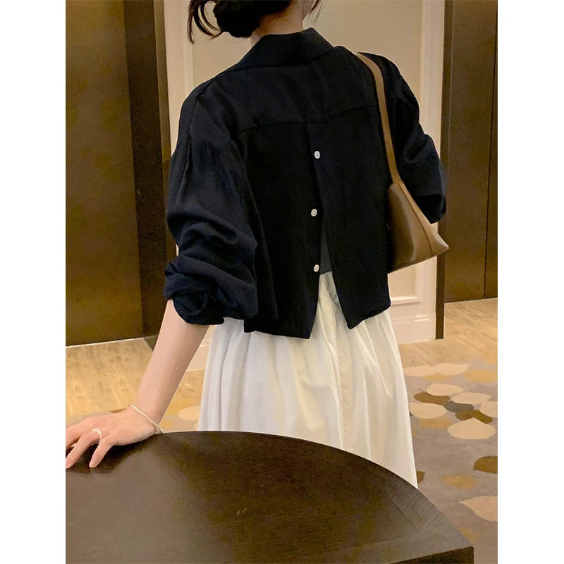 Aiertu Cropped White Split Shirts Women Elegant Long Sleeve Blouses Office Ladies Korean Fashion Solid Slit Casual Chic Tops New Aiertu