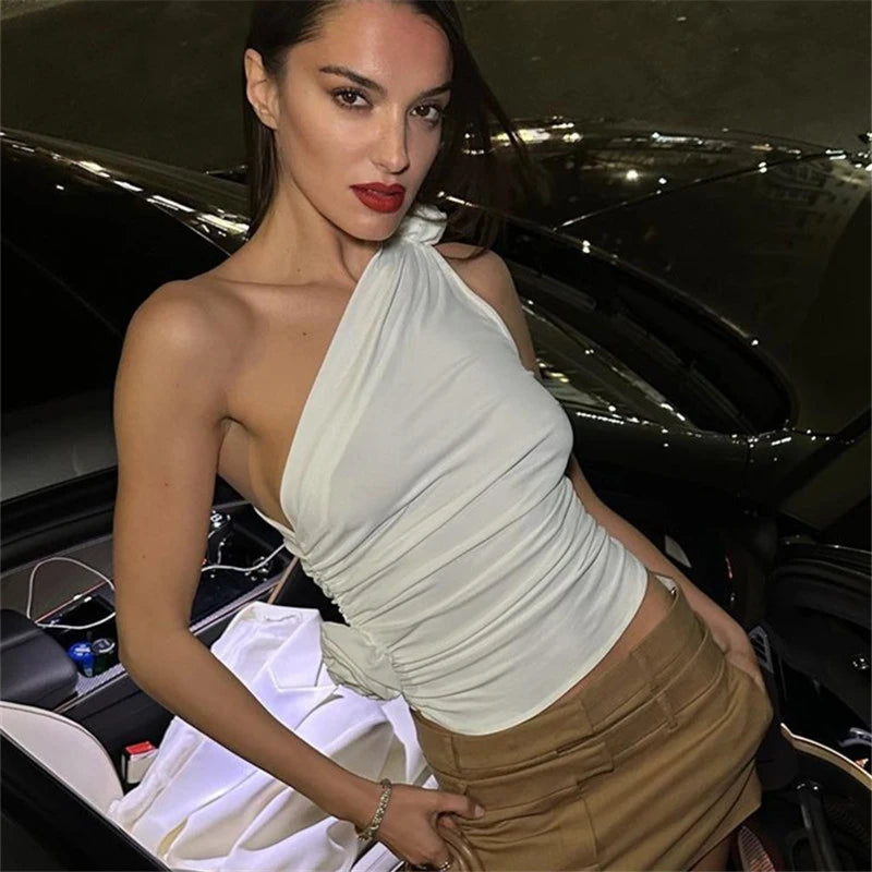 Aiertu  -   Floral Applique Sexy Crop Tops for Women Summer Club Party Irregular Y2K Tank Tops White Sleeveless Ruched Elegant Aiertu