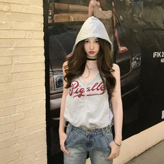 Aiertu  -  Sweet Hot Girl Casual Suit Women's Summer Gray Printed Zipper Hooded Vest High Waist Skirt Two-piece Set Fashion Female Clothes Aiertu
