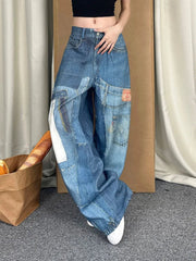 Aiertu  -  American Patchwork Design Patch Print Baggy Jeans Y2K Retro Blue Wash Loose Hot Girl Street Casual High Waist Wide Leg Jeans Aiertu