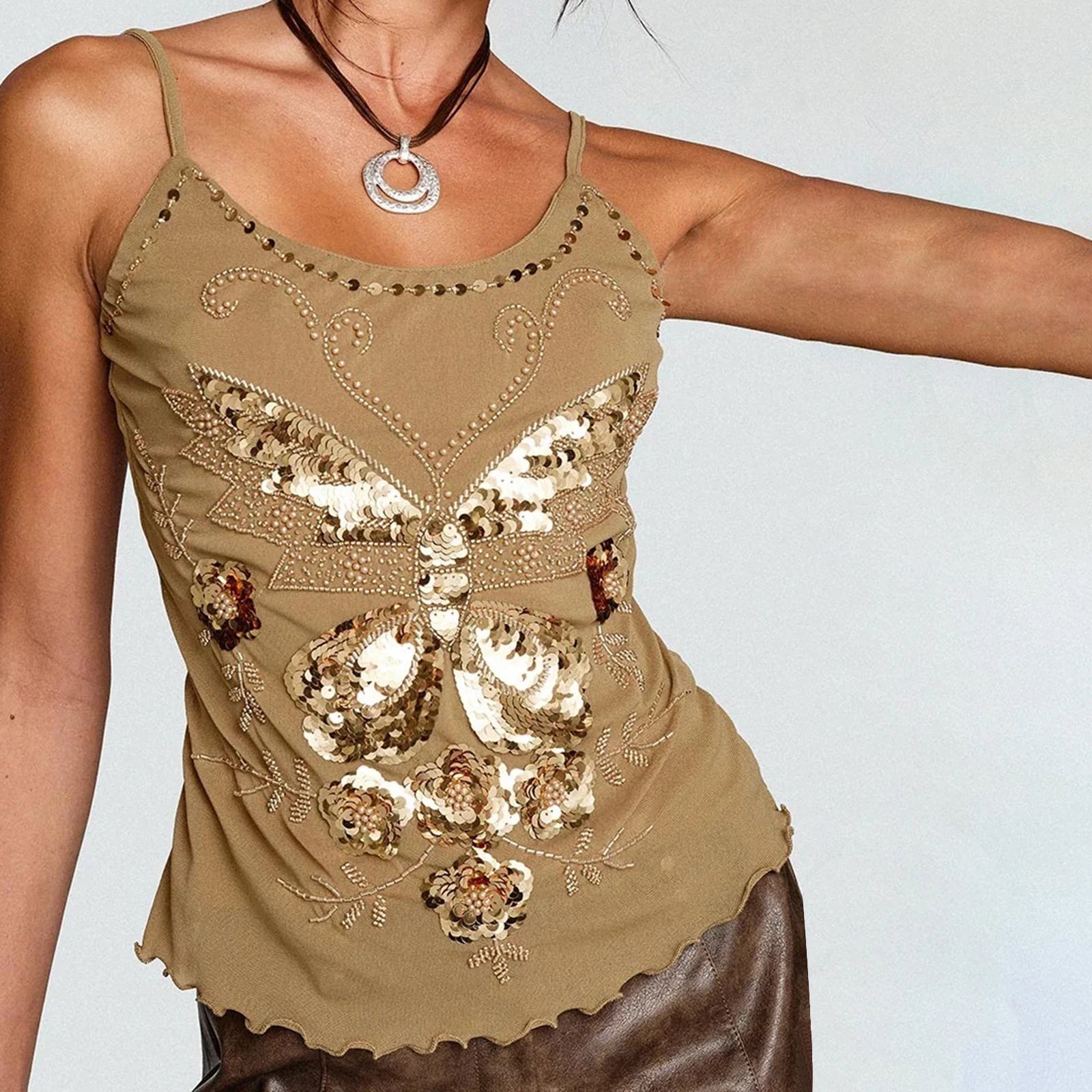 Aiertu  -  Y2k Women Sequin Tank Top Spathetti Strap Rhinestone Shirt Sparkle Glitter Butterfly Cami Crop Tops Going Out Streetwear Aiertu