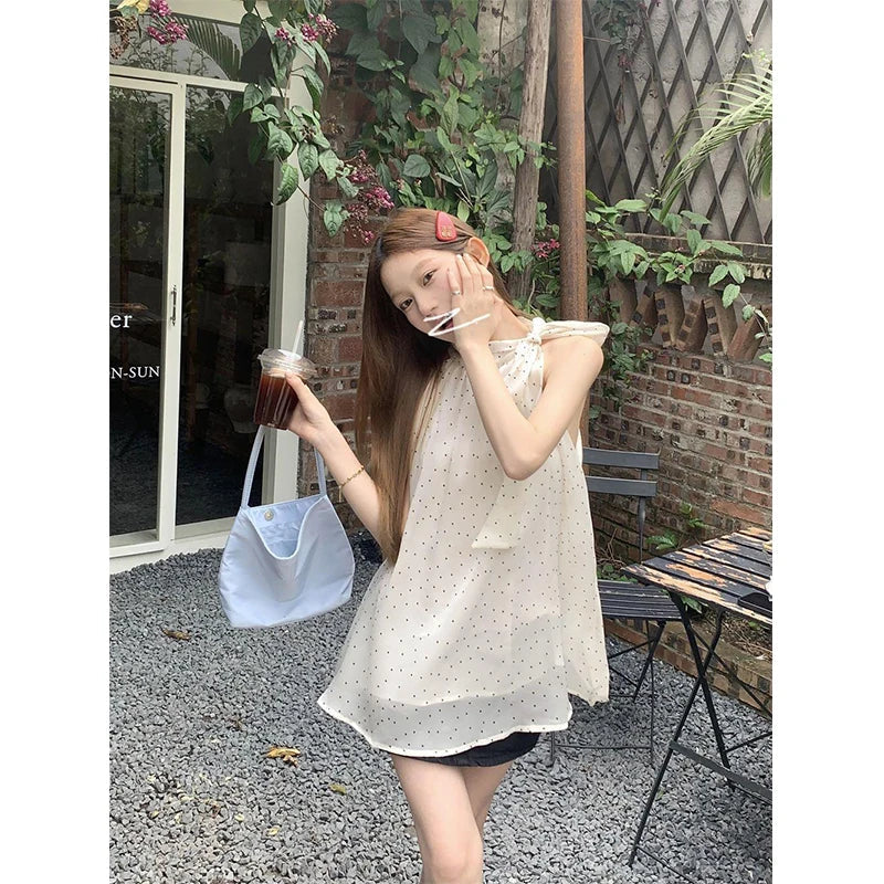 Aiertu Sweet Dot Shirts Women Elegant Bow Bandage Blouses Vintage Halter Print Tops Summer Korean Sleeveless Casual Clothes New Aiertu