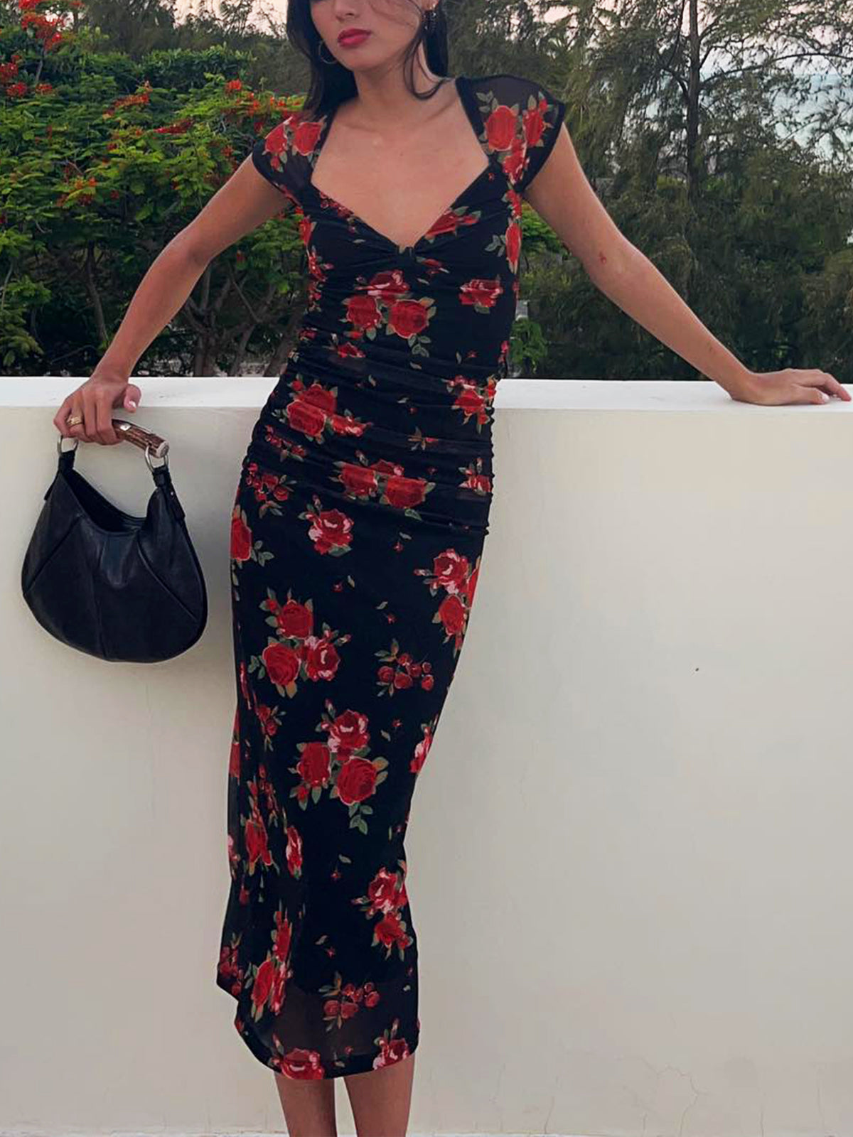 Aiertu  Semi-Sheer Floral Print Ruched Side Midi Dress shopify