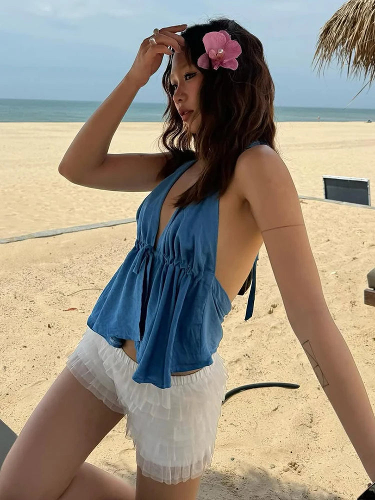 Aiertu  -  Sexy 2-Piece Set Women Vacation Beach Party Halter Backless Sleeveless Tank Top+Mesh Tierred Shorts Matching Suits Aiertu
