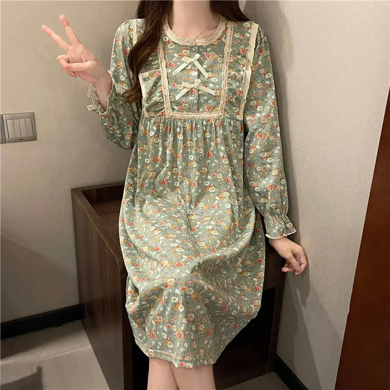 Aiertu Long Sleeve Nightgowns Women Floral Bow Temper Autumn Home Cozy Aesthetic O-neck Prairie Chic All-match Sleepwear Korean Style Aiertu