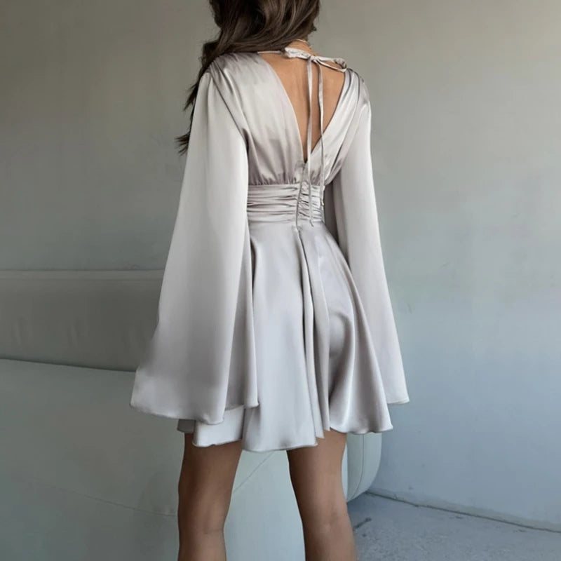 Aiertu  -  Elegant Party Satin Flare Long Sleeve Dress Women's Sexy Deep V Neck Solid Color Higt Waist Dresses Autumn Fashion 2026 Aiertu