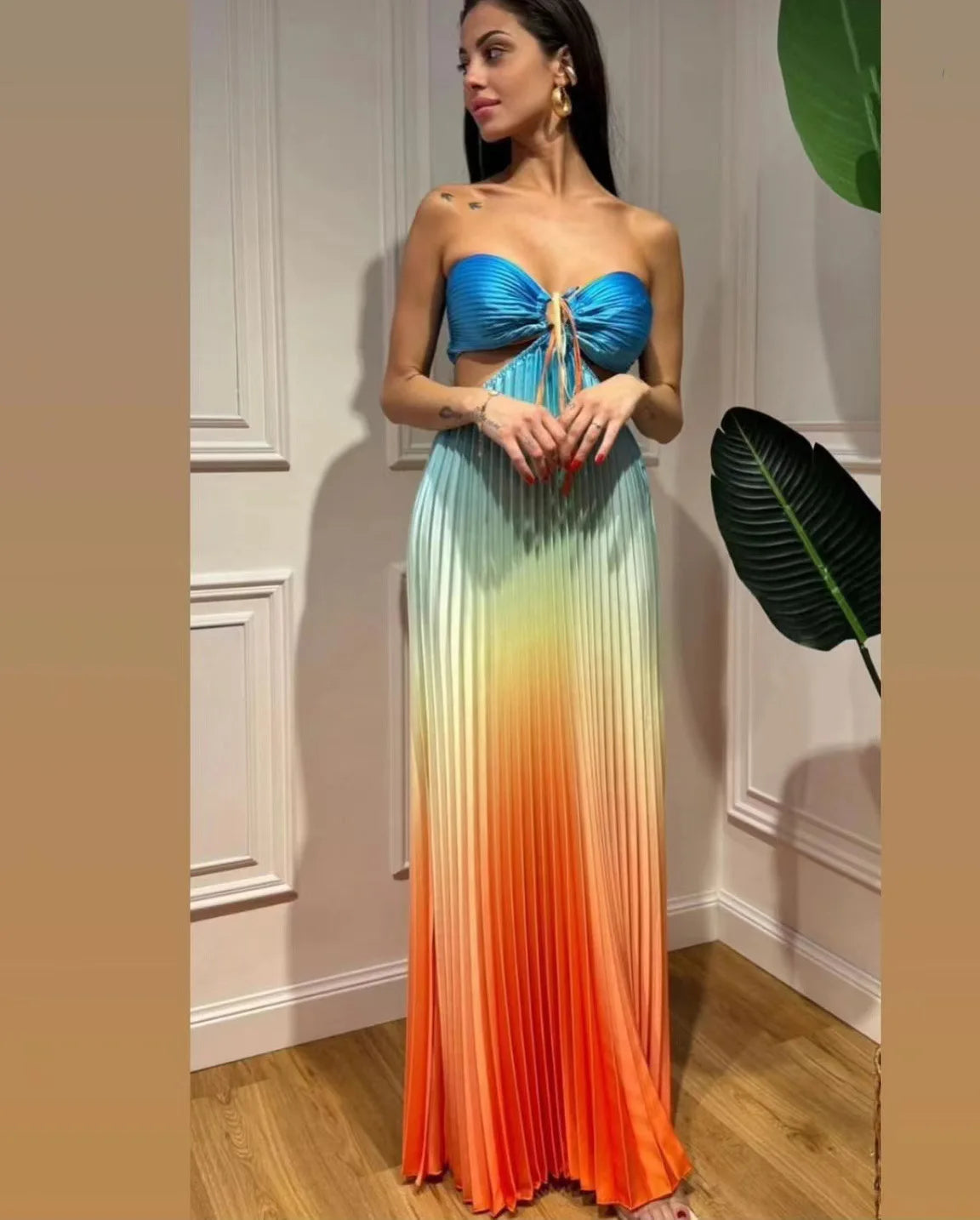 Aiertu  -  New Summer Gradient Halter Pleated Long Dress Sexy Off Shoulder Backless Wrap Chest Sundress Women's Beach Vacation Dress Aiertu