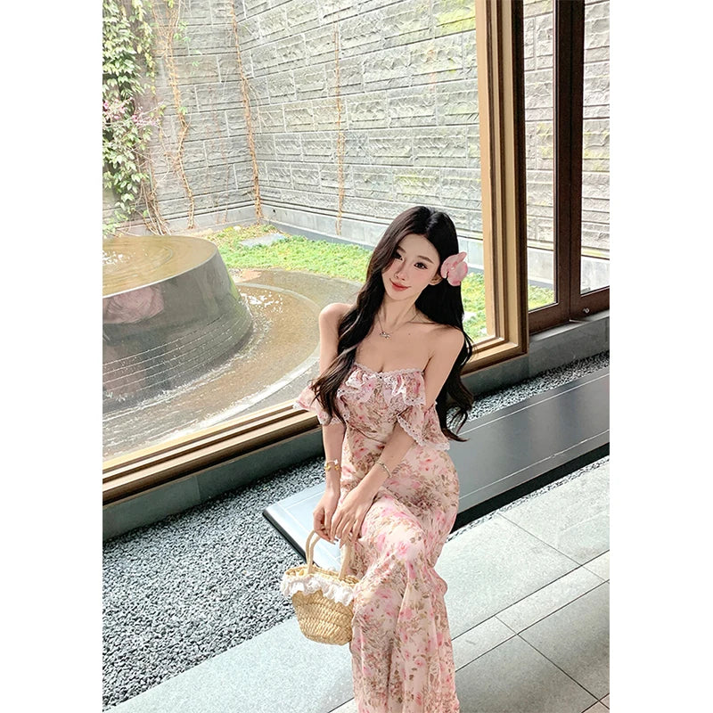 Aiertu  -  Vintage Floral Long Dress Women Elegant Vacation Sexy Slash Neck Maxi Dresses Summer Fairy Korean Beach Bodycon Vestidos Aiertu