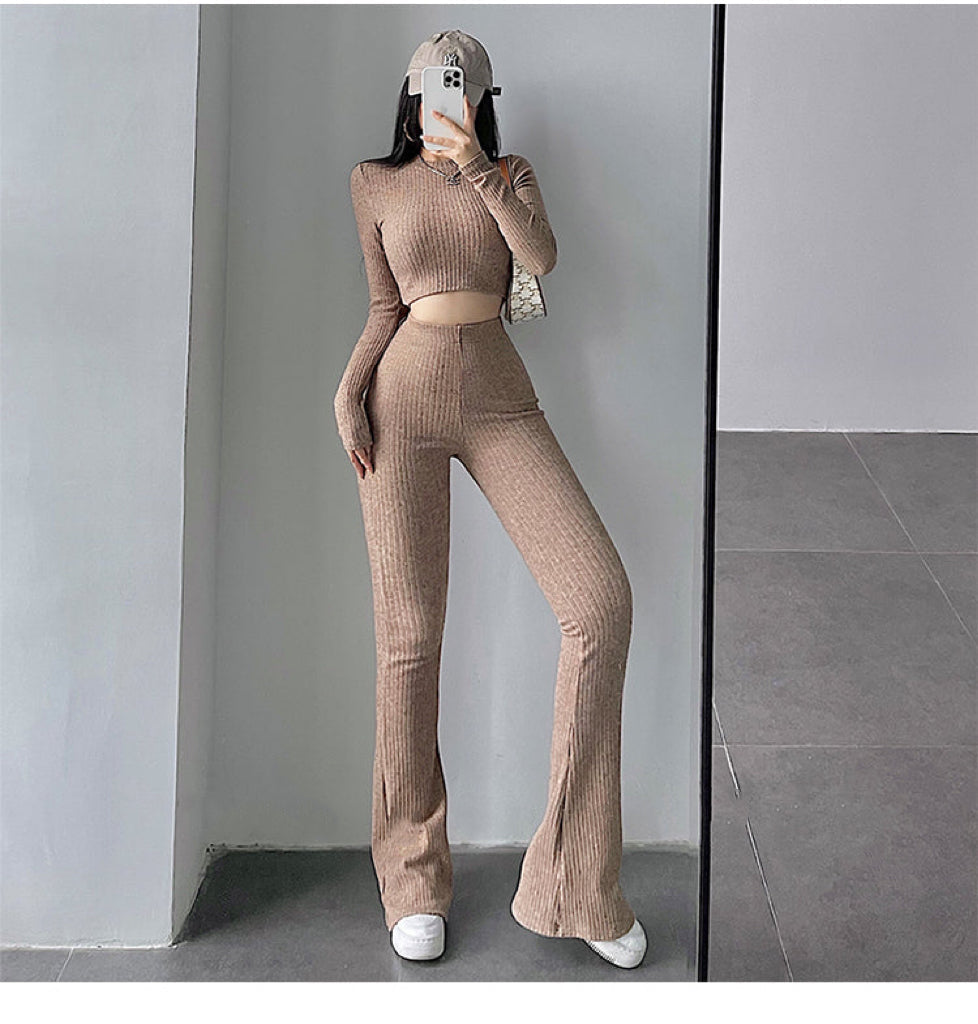 Aiertus Solid Color Ribbed Slim Long Sleeve Cropped Top High Waist Pants Matching Set Aiertu