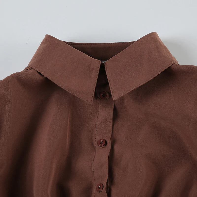 Aiertu  -  Fashion Chic Brown Summer Shirts Female Folds Slim-Waist Vintage Y2K Top Buttons Pleated Blouse Cropped Clothes Aiertu