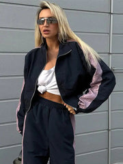 Aiertu  -  Fashion Loose Blue Patchwork 2 Piece Sets Women Outfit Casual Elegant Long Sleeve Zip Top With High Waist Wide Pants Set Female Aiertu