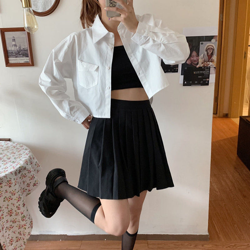 Aiertu Fashion Korean Pocket Cropped Blouse Women Casual Preppy Style Long Sleeve Short Shirt Fall Solid White All-match Y2k Tops Aiertu