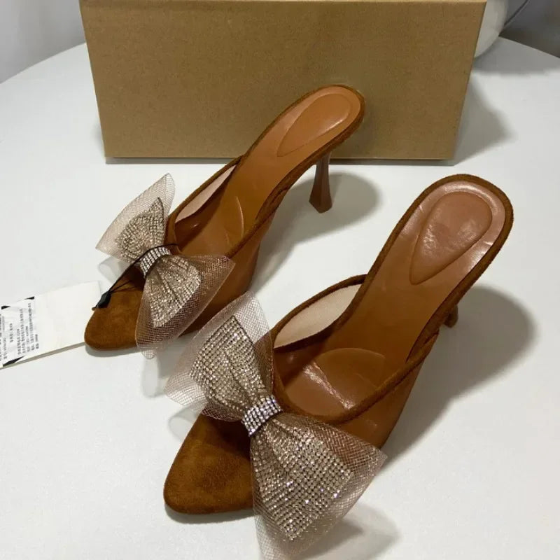 Aiertu  -  Summer Pointed Shoes Woman Open Toe High Heels Shallow Diamond Shining Butterfly-Knot Slingbacks Mesh Ladies Mules Sandals Aiertu